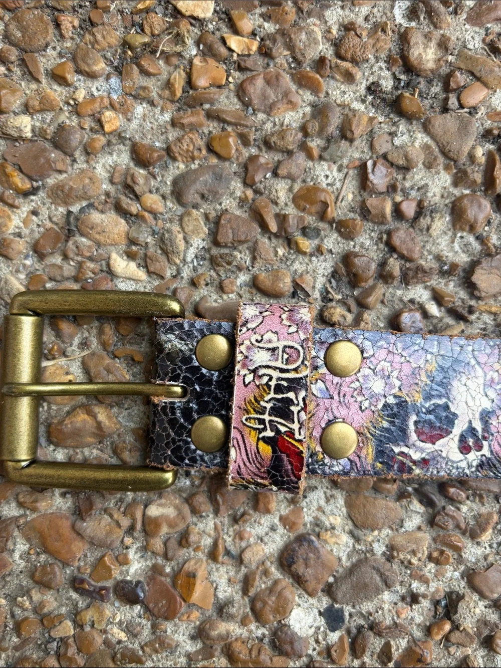 Ed Hardy Black Leather Belt with Multicolor Graphic Accents